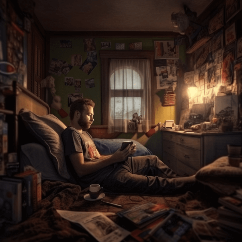 man is reading a book in his dark room
